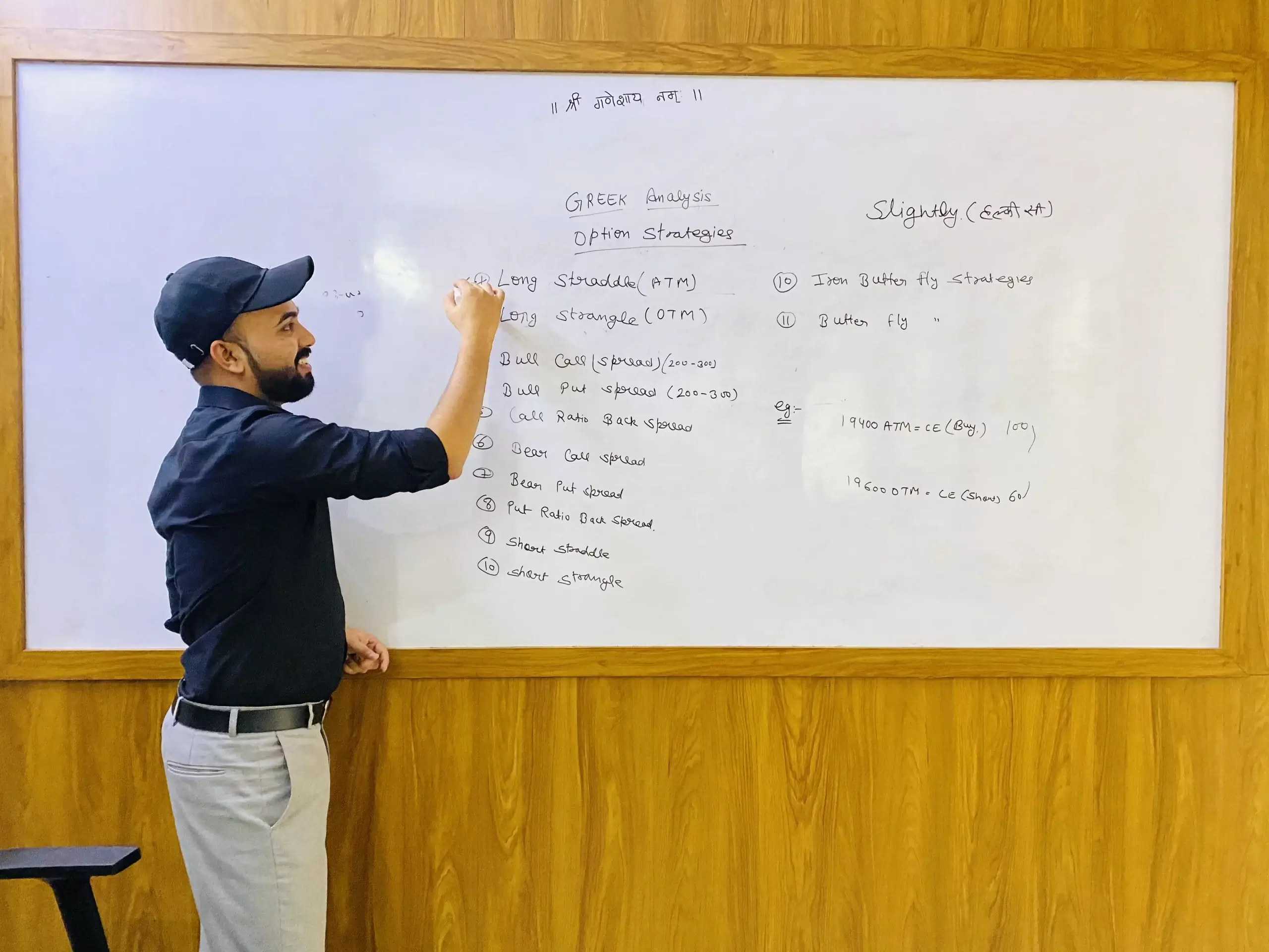 Faculty explaining a chart pattern on the whiteboard at Shubh Trading Academy
